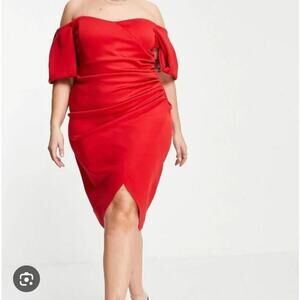Asos Curve Red Wrap Dress Womens Plus Size 20 Off Shoulder Bardot Formal
